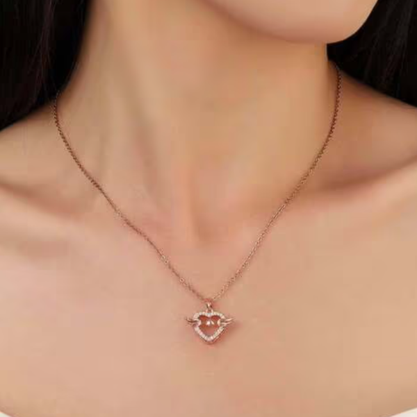 Rose Gold Angel Wing Necklace – Sparkling Heart Pendant Charm