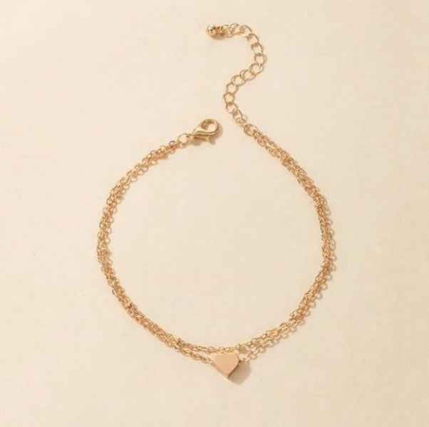 Rose Gold Anklet - Shimmering Layered Heart Charm Foot Jewelry