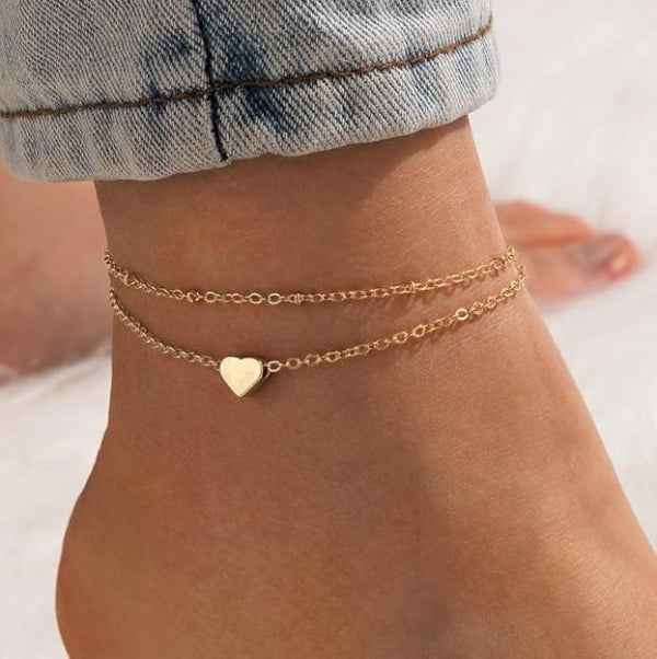 Rose Gold Anklet - Shimmering Layered Heart Charm Foot Jewelry