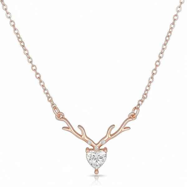 Dainty Rose Gold Antler Heart Necklace Sparkling Deer Jewelry Gift