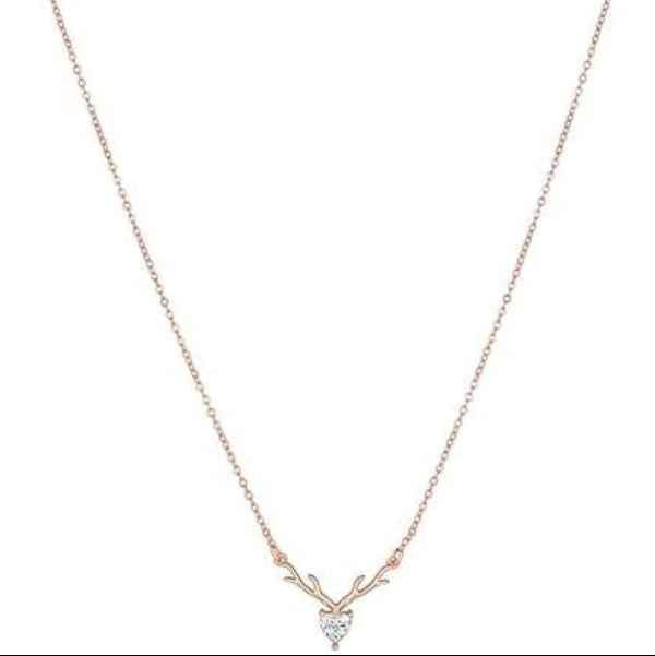 Dainty Rose Gold Antler Heart Necklace Sparkling Deer Jewelry Gift