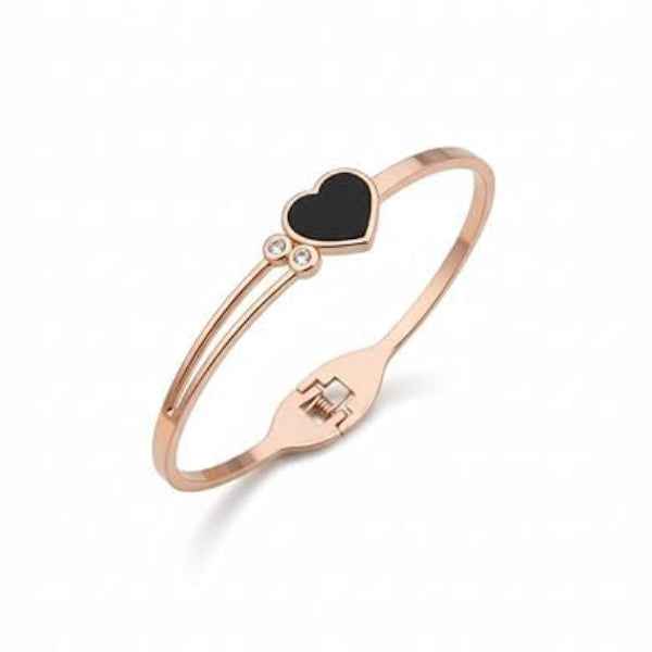 Chic Rose Gold Black Heart Bangle | Modern Crystal Inlay Cuff