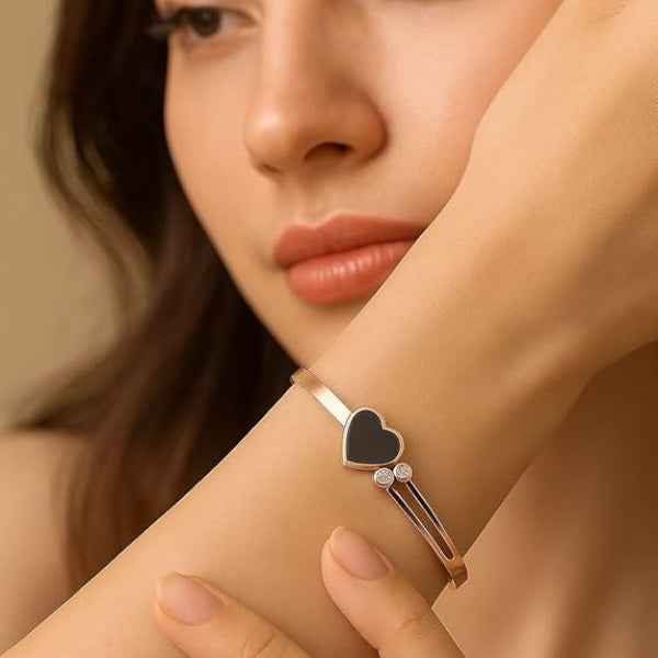 Chic Rose Gold Black Heart Bangle | Modern Crystal Inlay Cuff