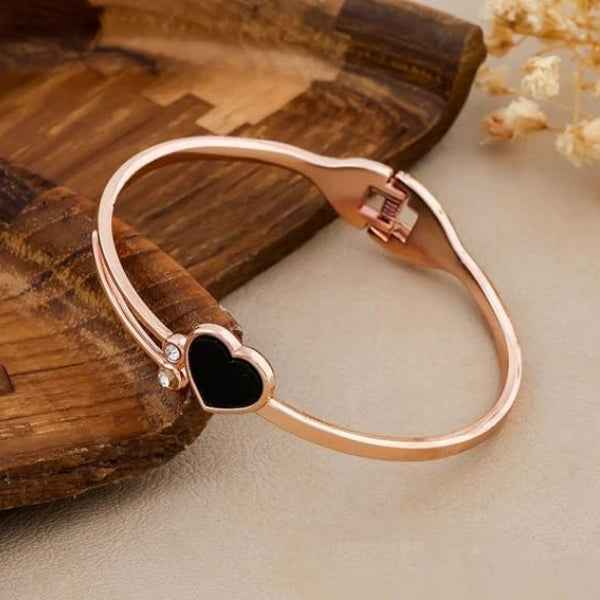Chic Rose Gold Black Heart Bangle | Modern Crystal Inlay Cuff