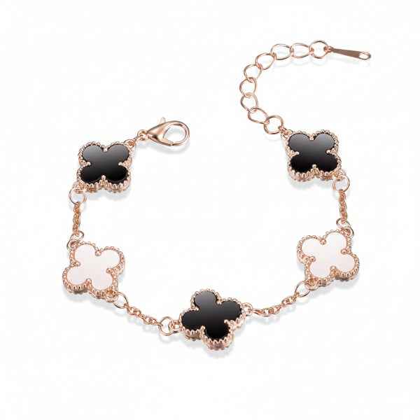 Elegant Rose Gold Clover Charm Bracelet | Chic Black & White Jewelry