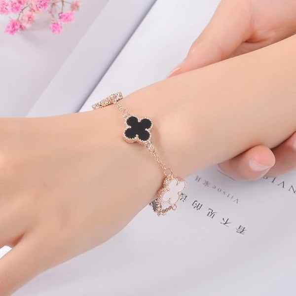 Elegant Rose Gold Clover Charm Bracelet | Chic Black & White Jewelry