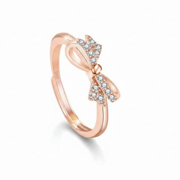 Rose Gold Bow Ring - Shimmering Cubic Zirconia Adjustable Promise Ring