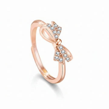 Rose Gold Bow Ring - Shimmering Cubic Zirconia Adjustable Promise Ring