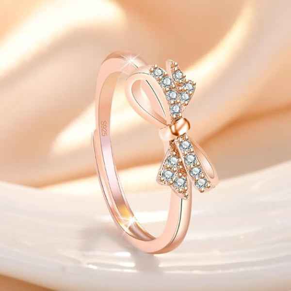 Rose Gold Bow Ring - Shimmering Cubic Zirconia Adjustable Promise Ring