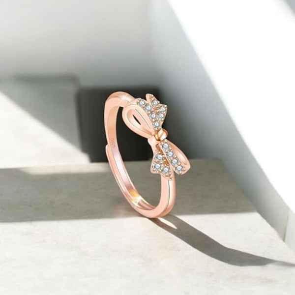 Rose Gold Bow Ring - Shimmering Cubic Zirconia Adjustable Promise Ring