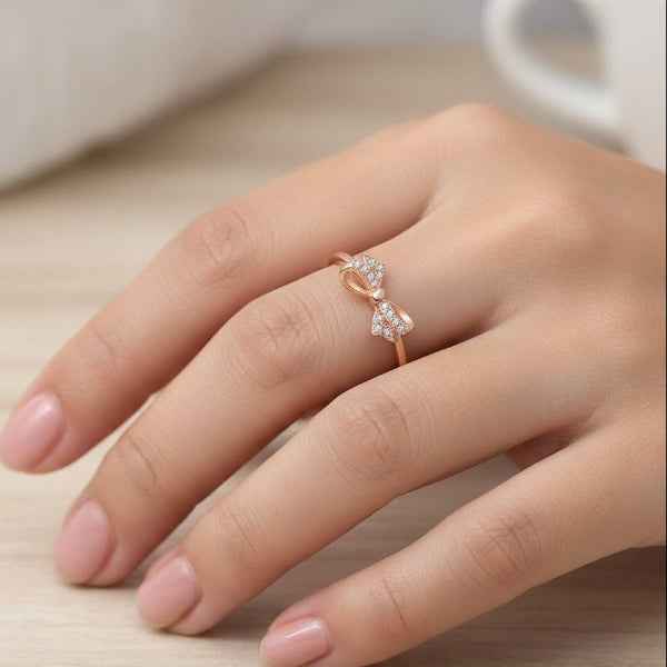 Rose Gold Bow Ring - Shimmering Cubic Zirconia Adjustable Promise Ring