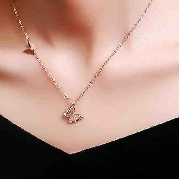 Rose Gold Butterfly Charm Necklace | Dainty Layered Style