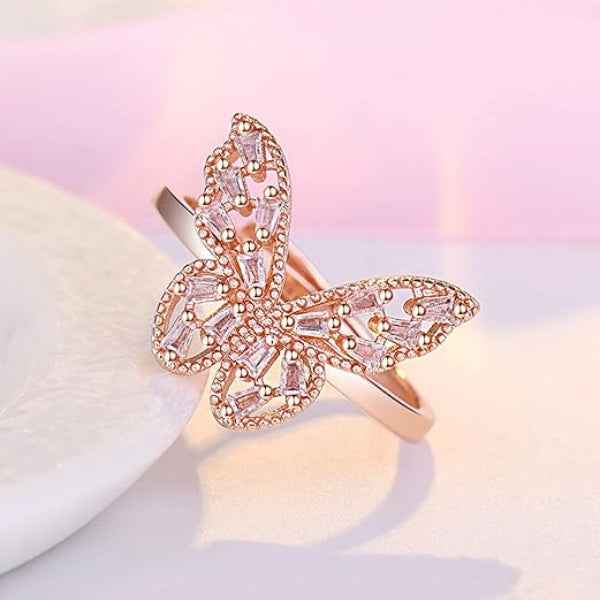 Rose Gold Butterfly Finger Ring - Sparkling Crystal Statement Jewelry