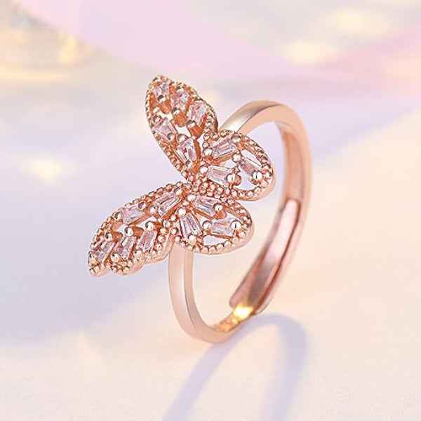 Rose Gold Butterfly Finger Ring - Sparkling Crystal Statement Jewelry