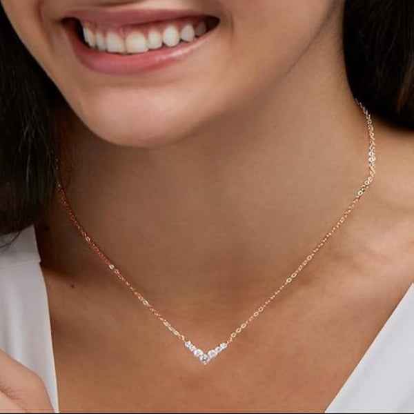 Rose Gold Diamond V Pendant Necklace | Dainty & Sparkling Chevron