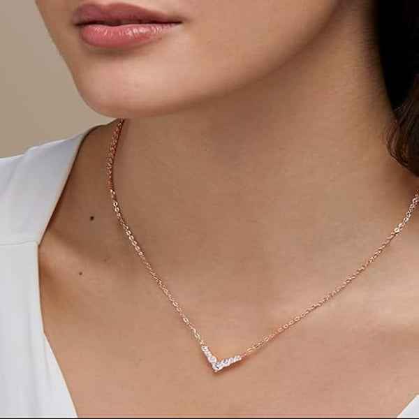 Rose Gold Diamond V Pendant Necklace | Dainty & Sparkling Chevron