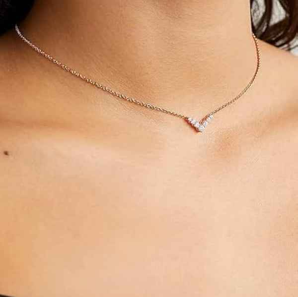 Rose Gold Diamond V Pendant Necklace | Dainty & Sparkling Chevron