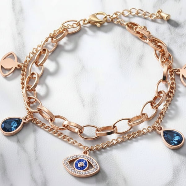 Chic Rose Gold Evil Eye Layered Bracelet | Protective Charm Jewelry