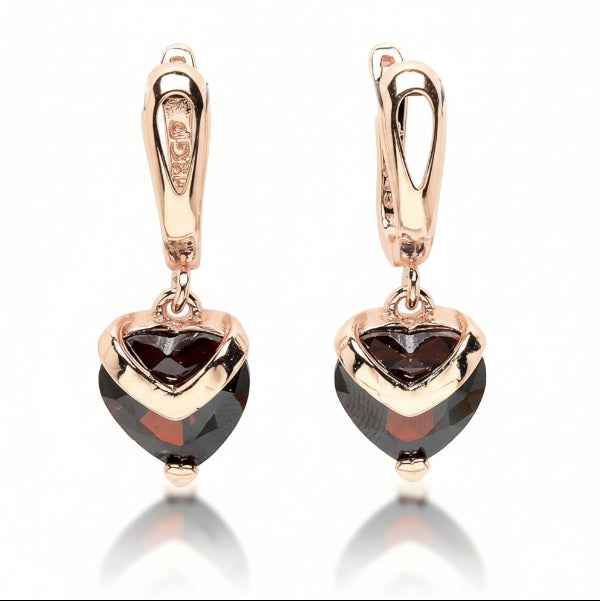 Rose Gold Garnet Earrings – Elegant Heart Dangle Lever Back Design