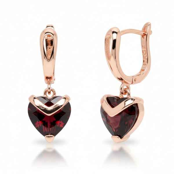 Rose Gold Garnet Earrings – Elegant Heart Dangle Lever Back Design