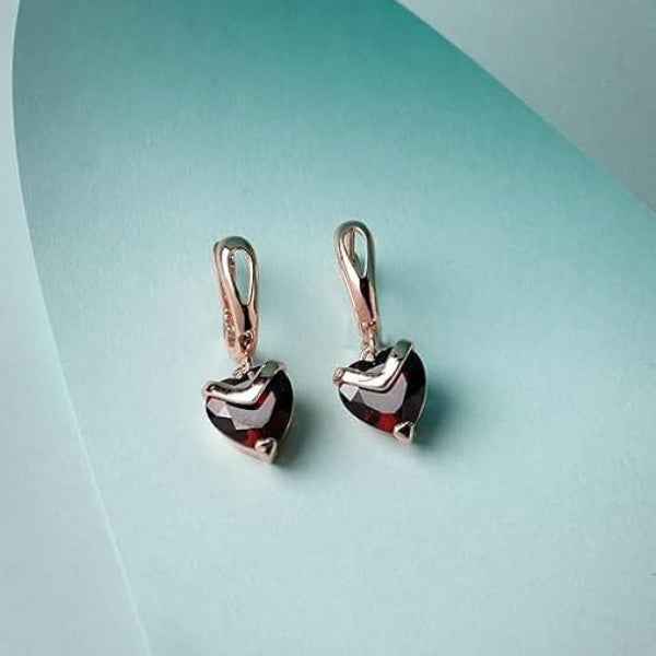 Rose Gold Garnet Earrings – Elegant Heart Dangle Lever Back Design