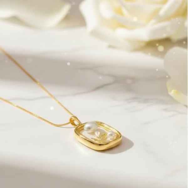 Rose Gold Geometric Necklace | Shimmering Baguette Solitaire Pendant