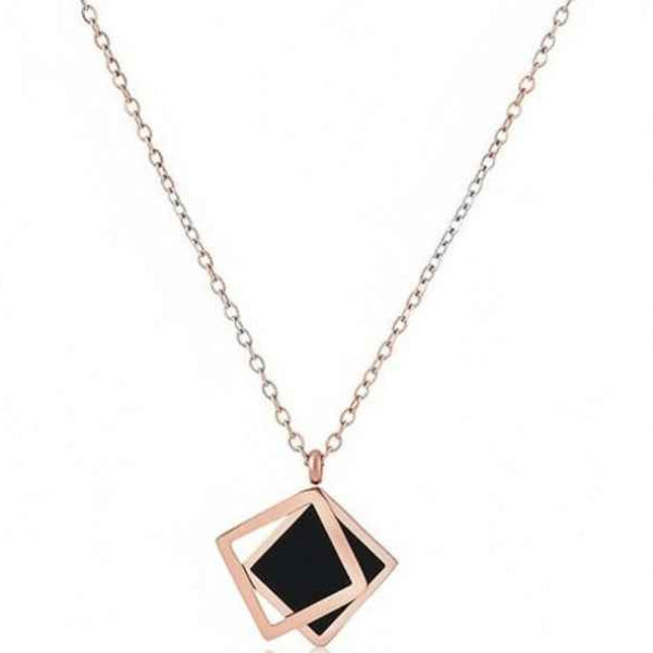 Rose Gold Geometric Square Necklace | Modern Black Enamel Design