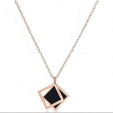 Rose Gold Geometric Square Necklace | Modern Black Enamel Design