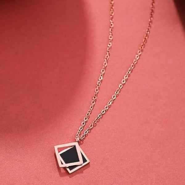 Rose Gold Geometric Square Necklace | Modern Black Enamel Design