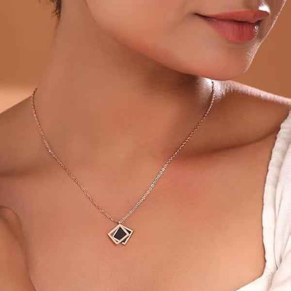 Rose Gold Geometric Square Necklace | Modern Black Enamel Design