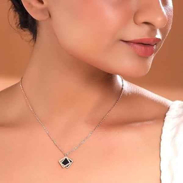 Rose Gold Geometric Square Necklace | Modern Black Enamel Design