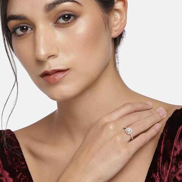 Rose Gold Halo Ring - Shimmering Crystal Solitaire Square Promise Ring