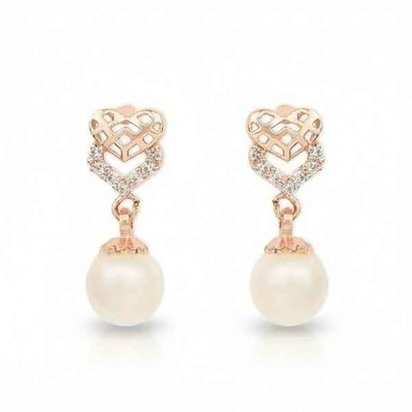 Dainty Rose Gold Heart Pearl Earrings | Drop Dangle Jewelry