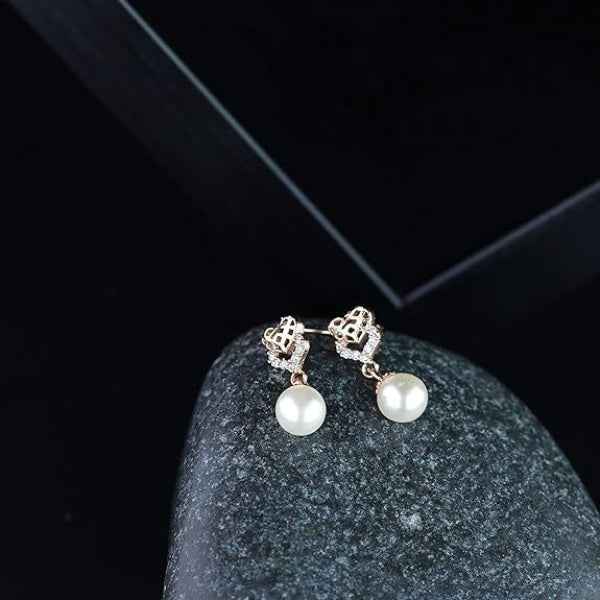 Dainty Rose Gold Heart Pearl Earrings | Drop Dangle Jewelry