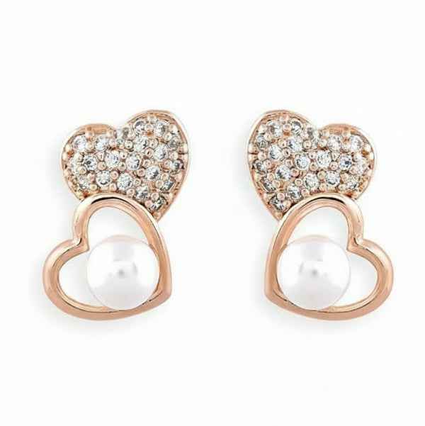 Dainty Rose Gold Heart Earrings | Pave CZ & Pearl Stud Jewelry