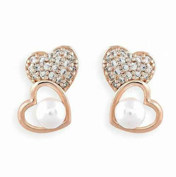 Dainty Rose Gold Heart Earrings | Pave CZ & Pearl Stud Jewelry