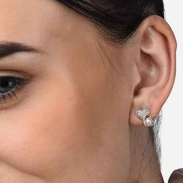 Dainty Rose Gold Heart Earrings | Pave CZ & Pearl Stud Jewelry