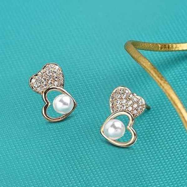 Dainty Rose Gold Heart Earrings | Pave CZ & Pearl Stud Jewelry