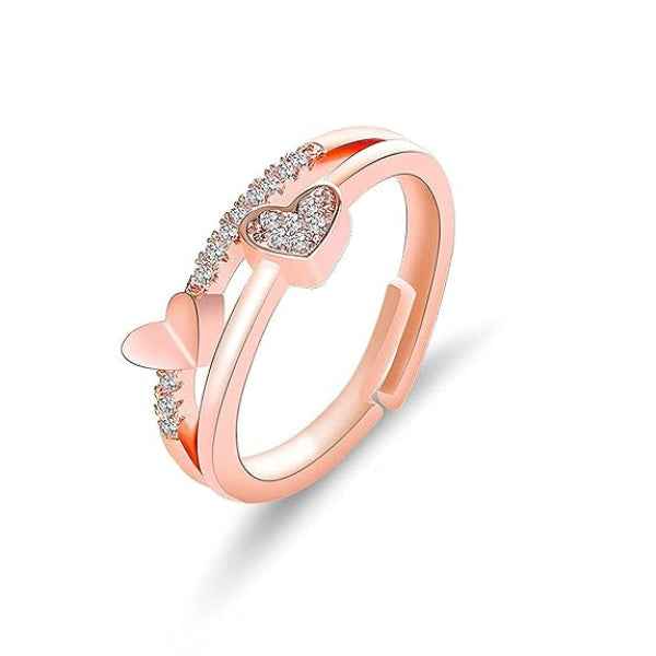 Rose Gold Heart Ring: Crystal Double Band Adjustable Promise Ring
