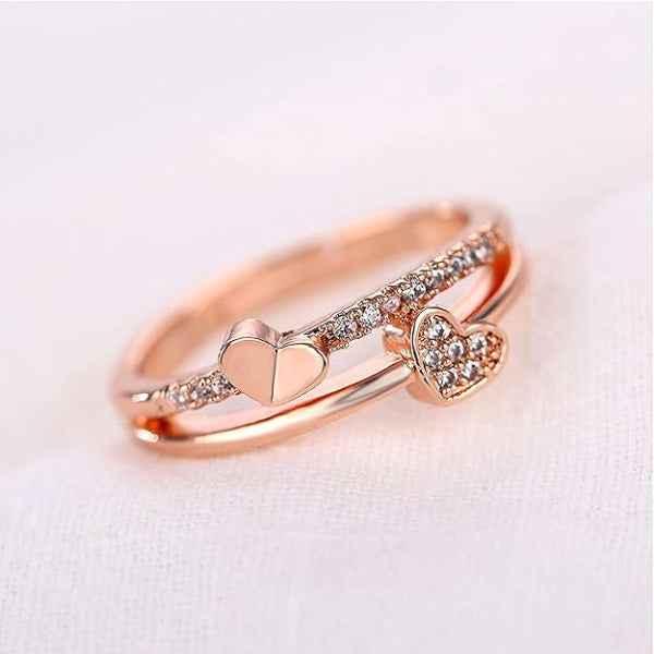 Rose Gold Heart Ring: Crystal Double Band Adjustable Promise Ring