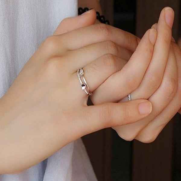 Rose Gold Heart Ring: Crystal Double Band Adjustable Promise Ring