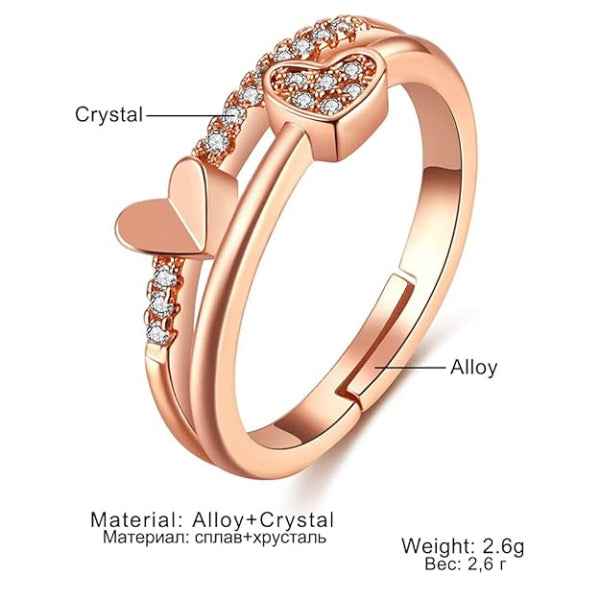 Rose Gold Heart Ring: Crystal Double Band Adjustable Promise Ring