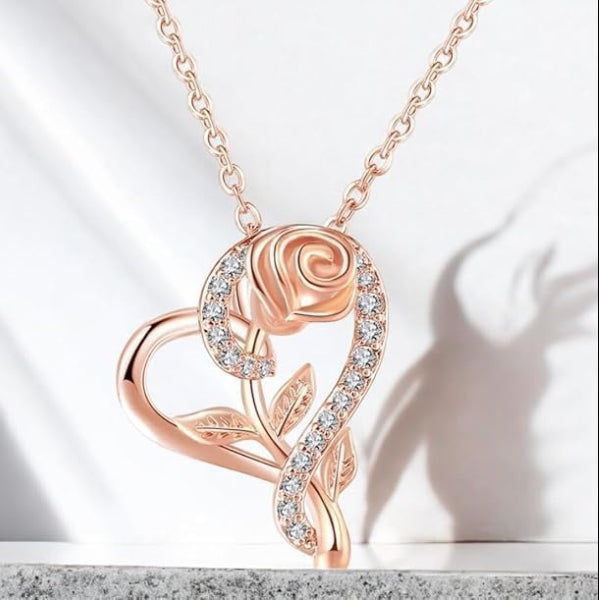Romantic Rose Gold Heart Rose Necklace | Diamond Accented Pendant