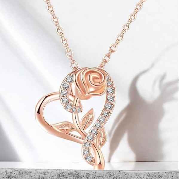 Romantic Rose Gold Heart Rose Necklace | Diamond Accented Pendant