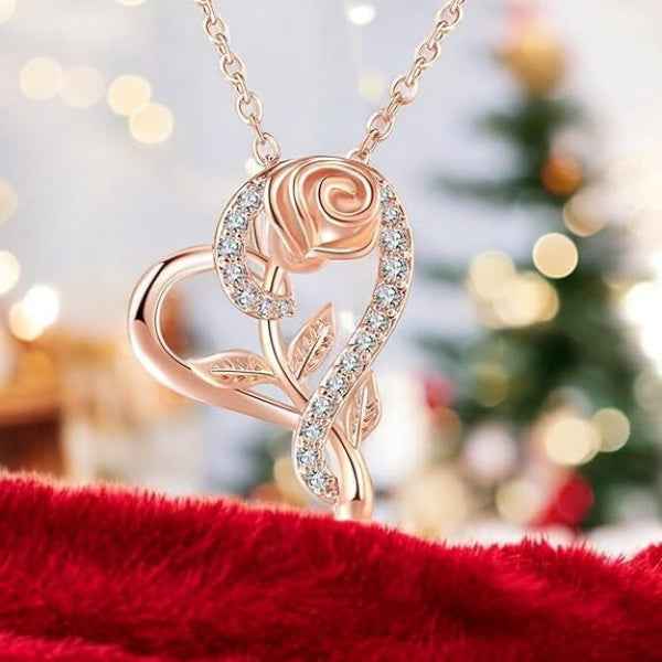 Romantic Rose Gold Heart Rose Necklace | Diamond Accented Pendant