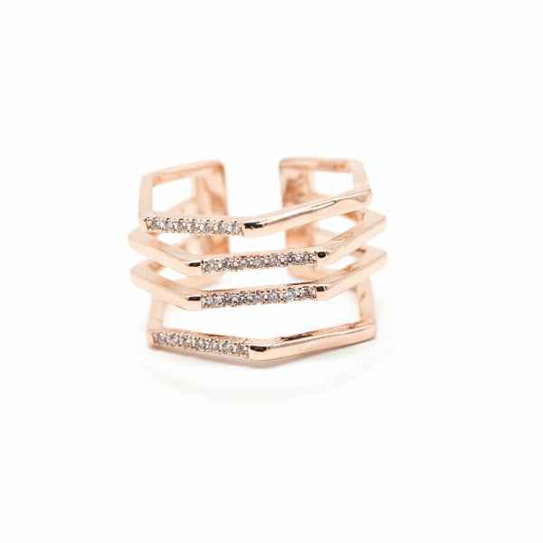 Rose Gold Hexagon Ring - Shimmering Geometric Multi Layer Statement Band