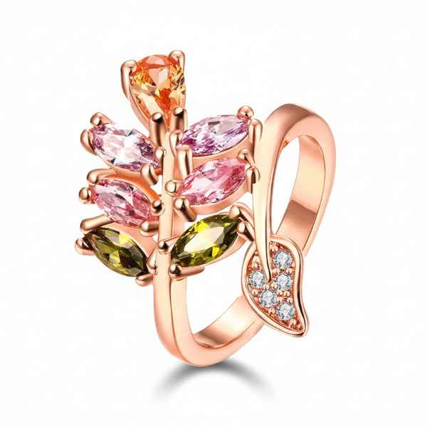 Rose Gold Leaf Ring: Colorful Gem Crystal Band Adjustable Jewelry