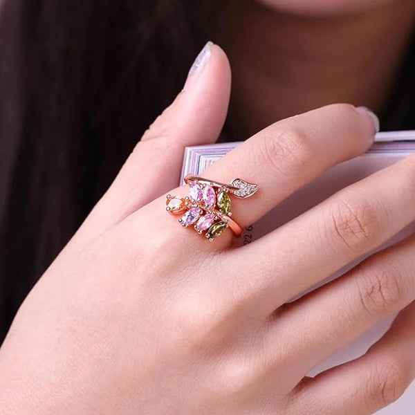 Rose Gold Leaf Ring: Colorful Gem Crystal Band Adjustable Jewelry