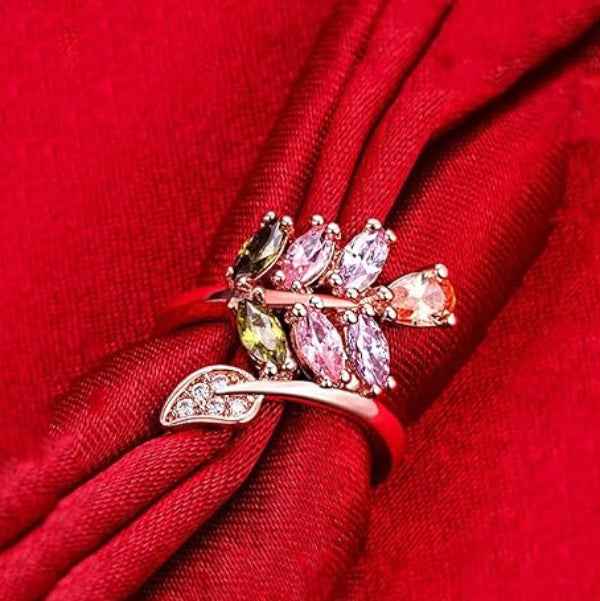 Rose Gold Leaf Ring: Colorful Gem Crystal Band Adjustable Jewelry