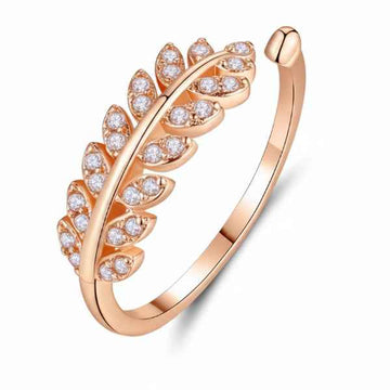 Rose Gold Leaf Finger Ring - Sparkling Crystal Adjustable Band